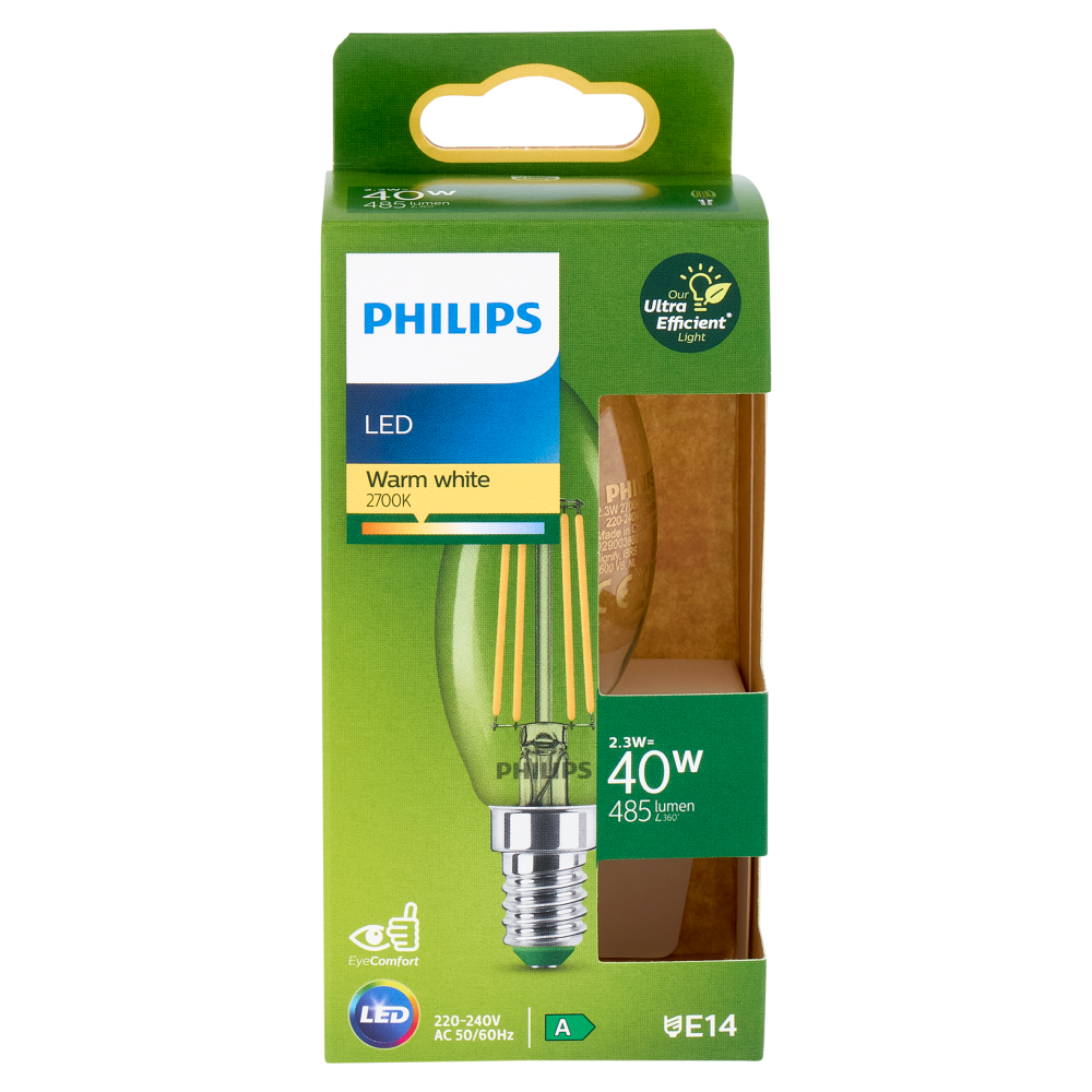 Philips Led Ultra Efficient candela filamento 40W E14 3000K