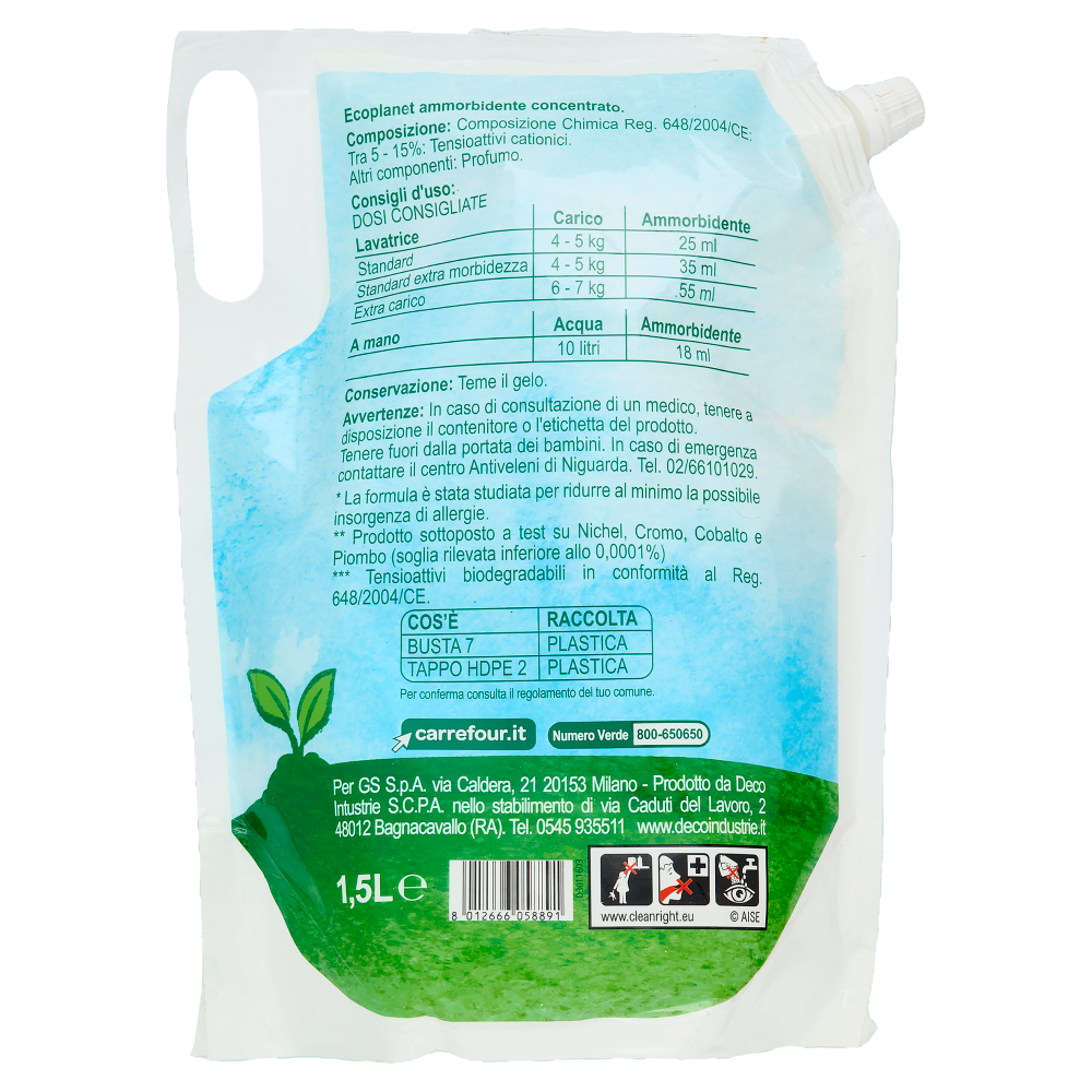 Carrefour eco Planet Ammorbidente Concentrato Fiori Bianchi e Gelsomino Ecoricarica 1,5 L