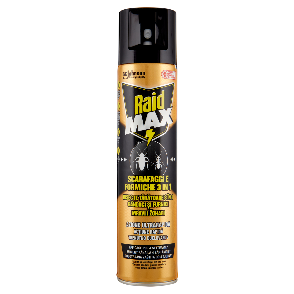 Raid Aerosol Max Scarafaggi e Formiche 3 in 1, Spray Insetticida, Efficace per 4 Settimane, 300 ml