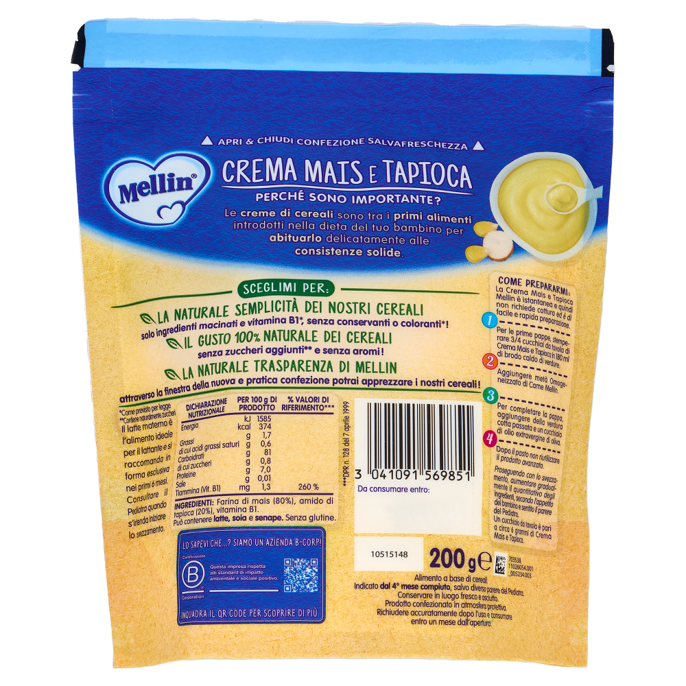 MELLIN Crema Mais&Tapioca,Confezione Apri&Chiudi, dall'inizio dello Svezzamento, Senza Glutine,200g