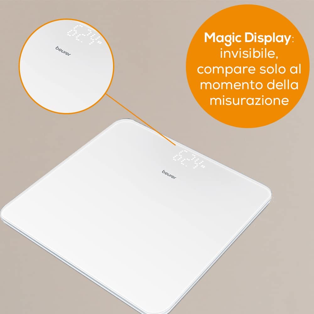 Beurer GS 225, Bilancia Pesapersone in Vetro con Display LED Magic, Colore Bianco