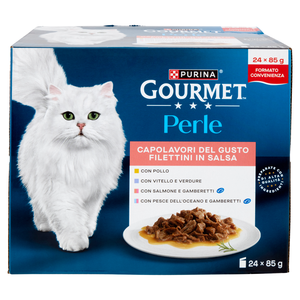 PURINA GOURMET Perle Capolavori del Gusto Filettini Salsa Pollo,Vitello,Salmone,Pesce Oceano 24x85g
