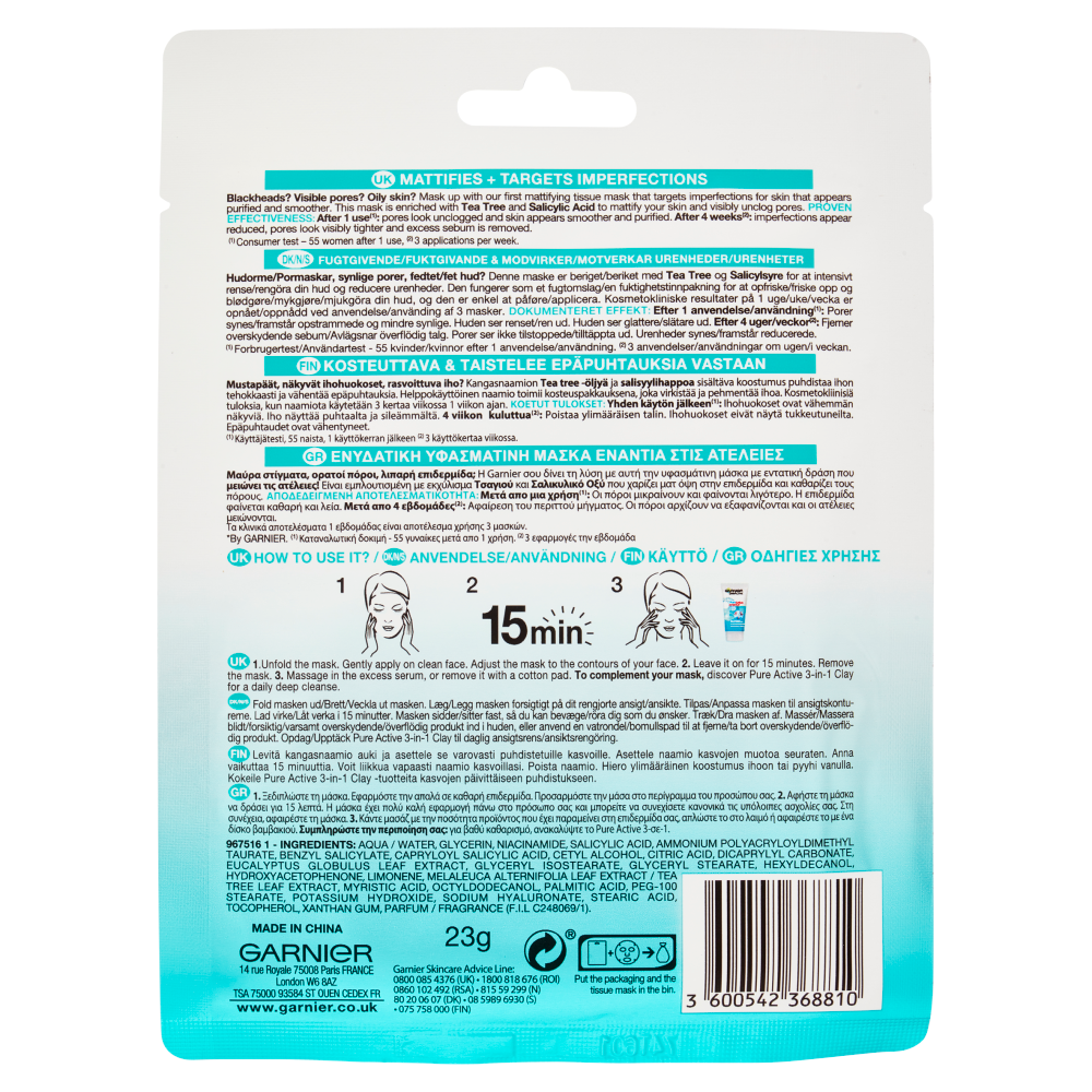 Garnier Pure Active, Maschera in Tessuto, Arricchita con Acido Salicilico