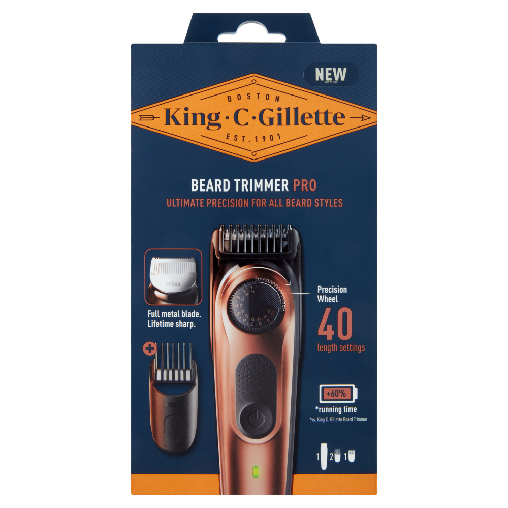 King C Gillette Beard Trimmer Pro Regolabarba, Rasoio Elettrico Uomo + 2 Pettini + 1 Spazzolina di p