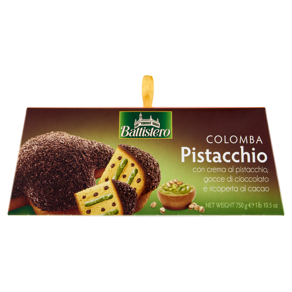 Battistero Colomba Pistacchio con crema al pistacchio, gocce di cioccolato e ricoperta al cacao 750g