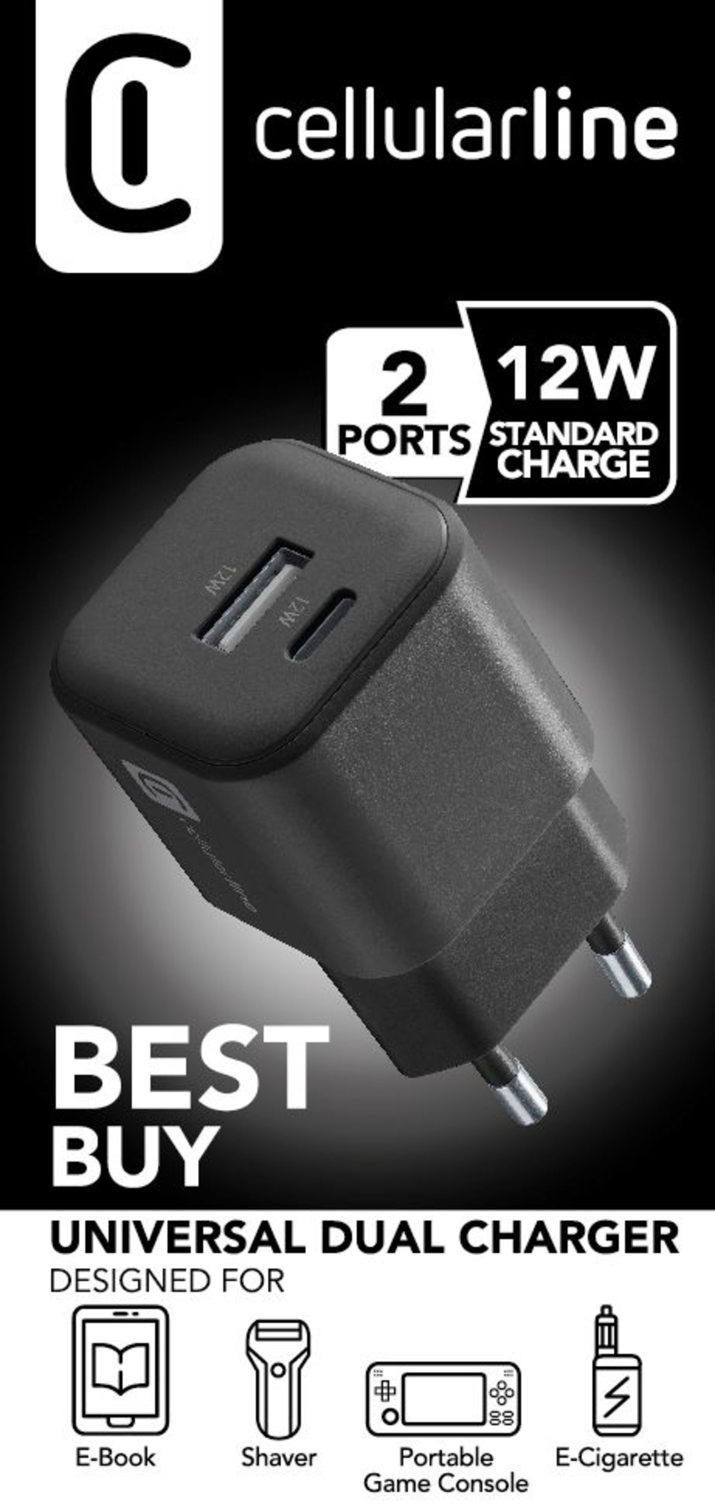 Cellularline Charger 12W Caricabatterie da rete 12W con due porte per piccoli devices