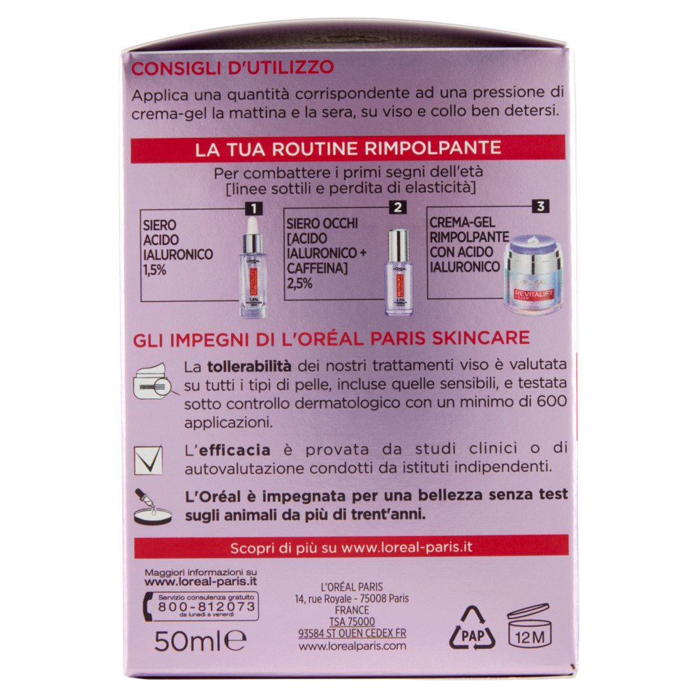 L'Oréal Paris Revitalift Filler Acido Ialuronico Micro-Epidermico Crema-Gel Rimpolpante, 50 ml