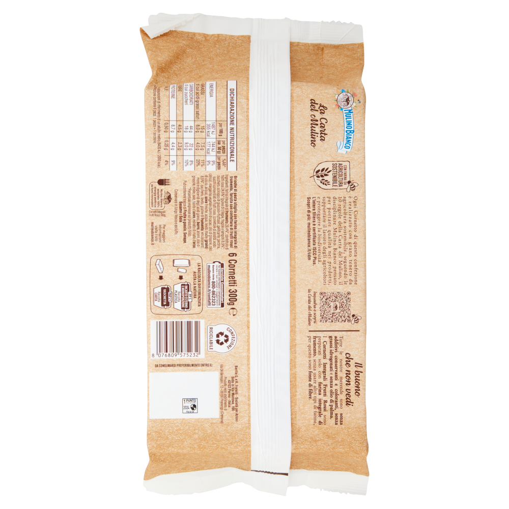 Mulino Bianco Cornetti Integrali Frutti Rossi Merenda con 100% Farina Integrale 6 pezzi 300g