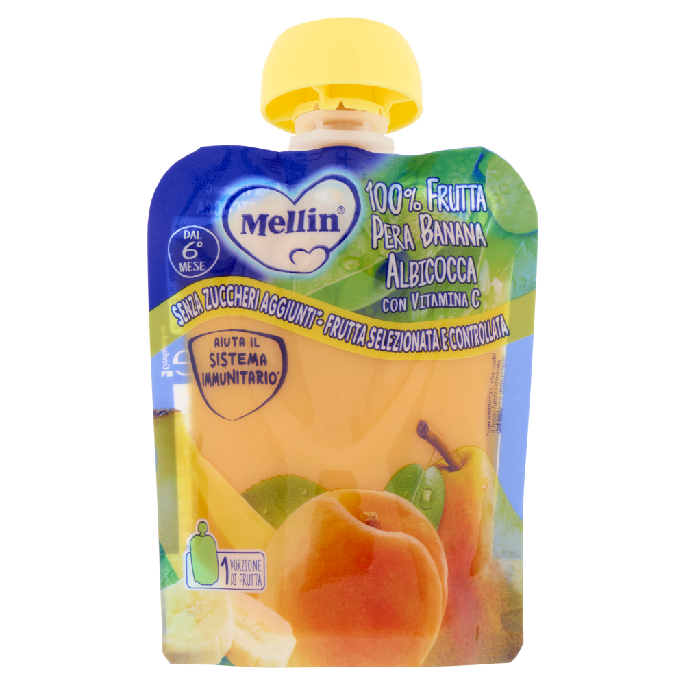 MELLIN Merenda di Frutta 100% con Vitamina C, Albicocca, a partire dal 6° mese, Pouch 90 g