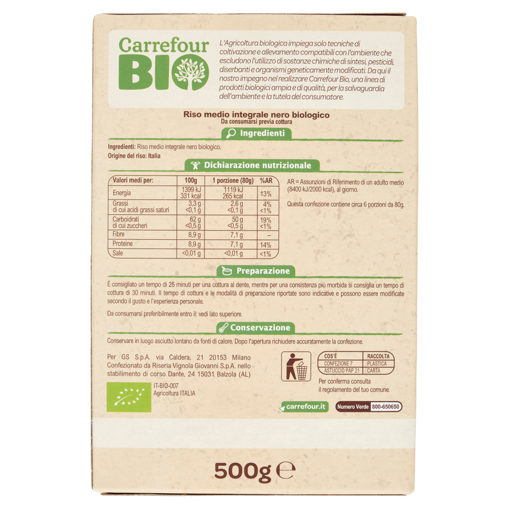 Carrefour Bio Riso Medio Nero Integrale 500 g