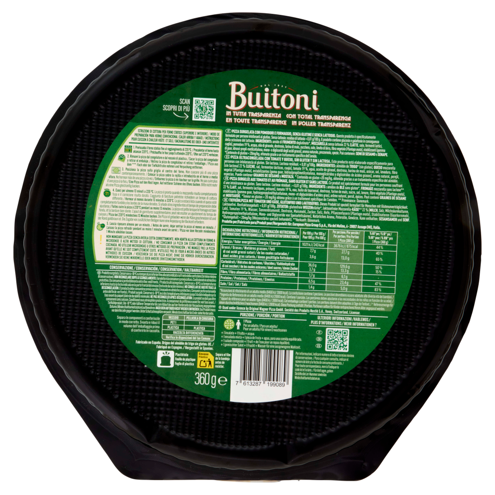 Buitoni Forno di Pietra Margherita Senza Glutine e Senza Lattosio Pizza Surgelata 1 pizza 360g