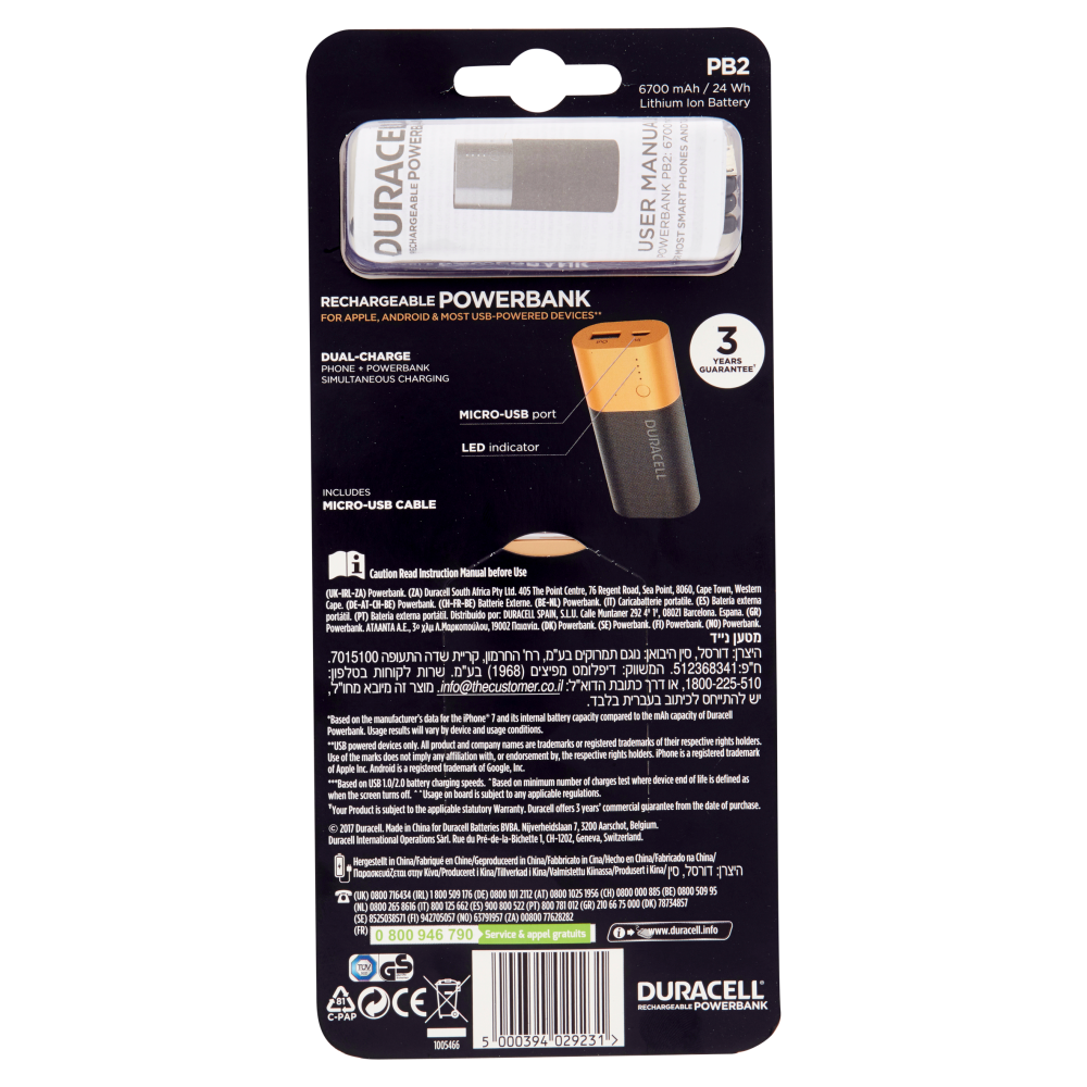 Duracell Powerbank 6.700 mAh caricatore esterno rapido per Smartphone e dispositivi USB