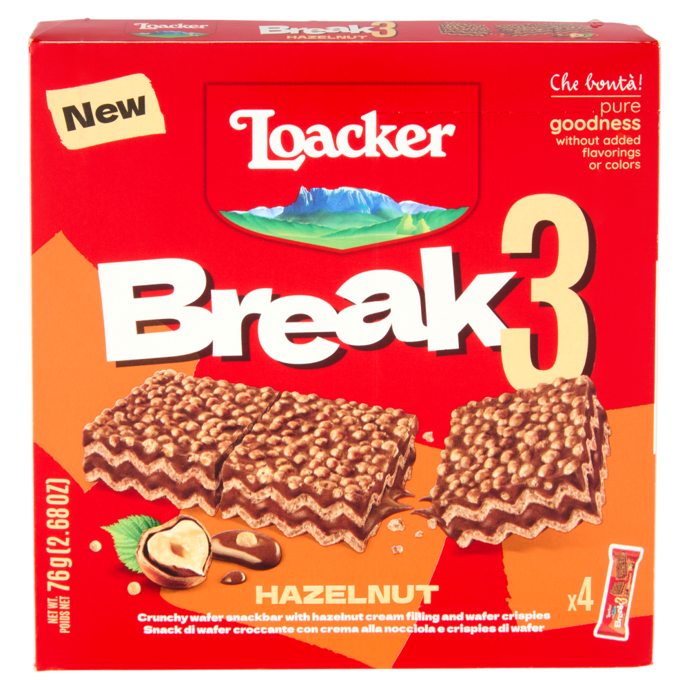 Loacker Break3 Barrette di Wafer con Crema alle Nocciole 100% Italiane 19gx4