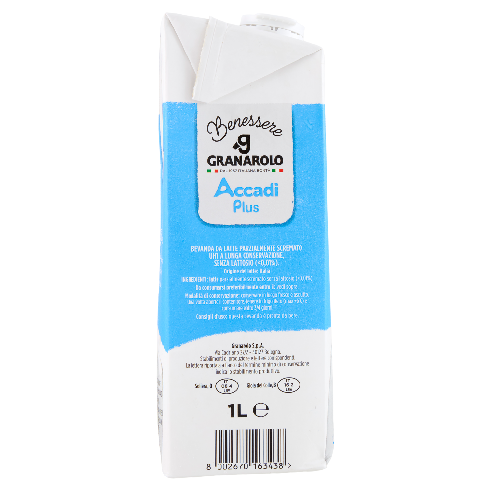 Granarolo Benessere Accadì Plus -30% di Zuccheri Senza Lattosio da Latte Parzialmente Scremato 1 L
