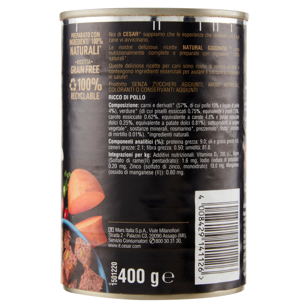 Cesar Natural Goodness Cibo Umido Cane con Pollo, con Patate Dolci, Piselli e Mirtillo Rosso 400 g