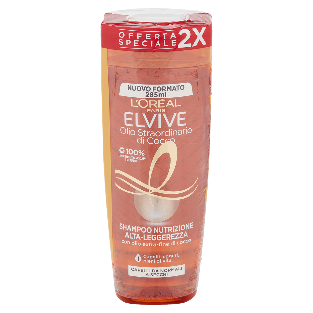L'Or&eacute;al Paris Shampoo Elvive Olio Straordinario Cocco, Per Capelli Normali e Secchi, Confezione da 2