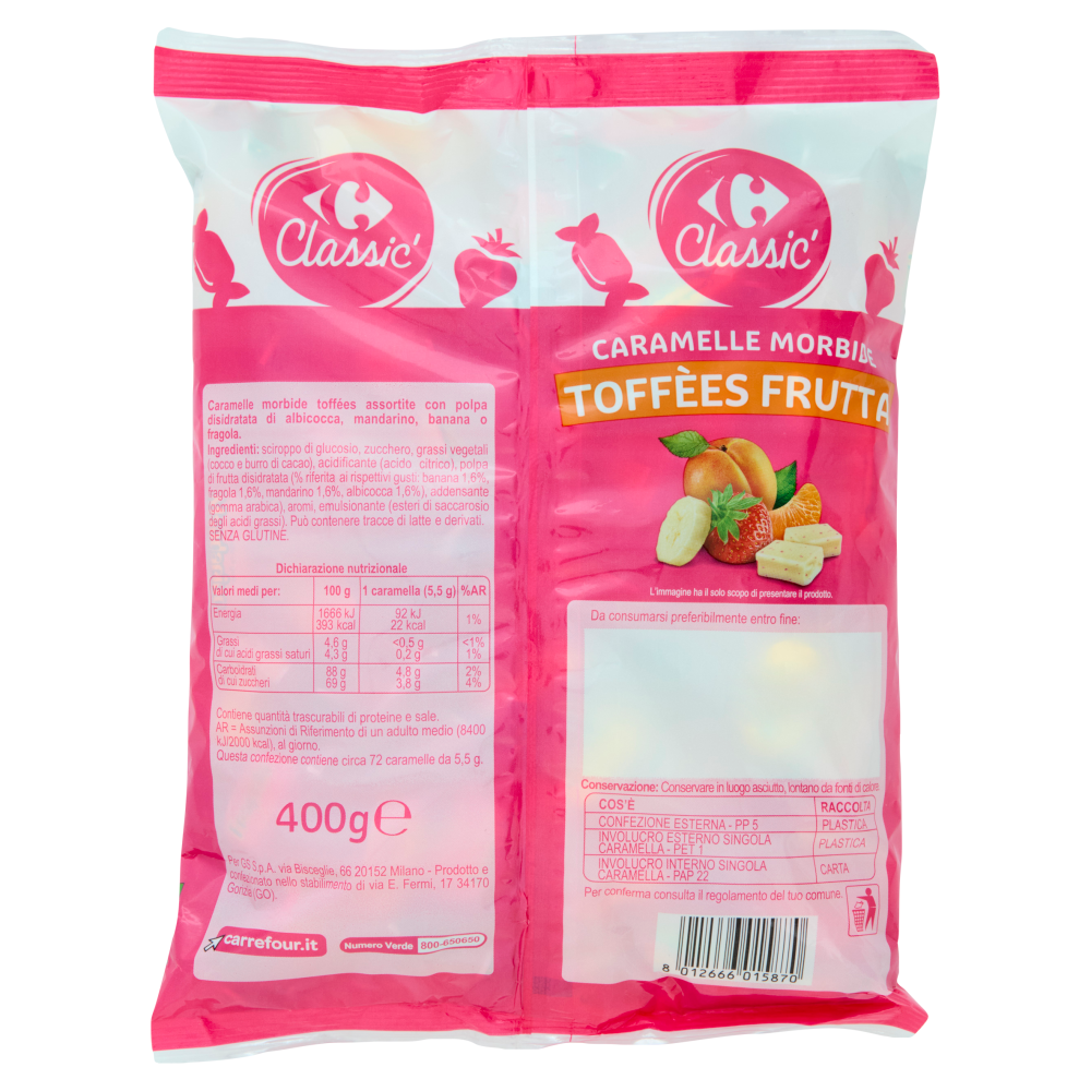 Carrefour Classic Caramelle Morbide Toff&egrave;es Frutta Albicocca, Mandarino, Banana, Fragola 400 g