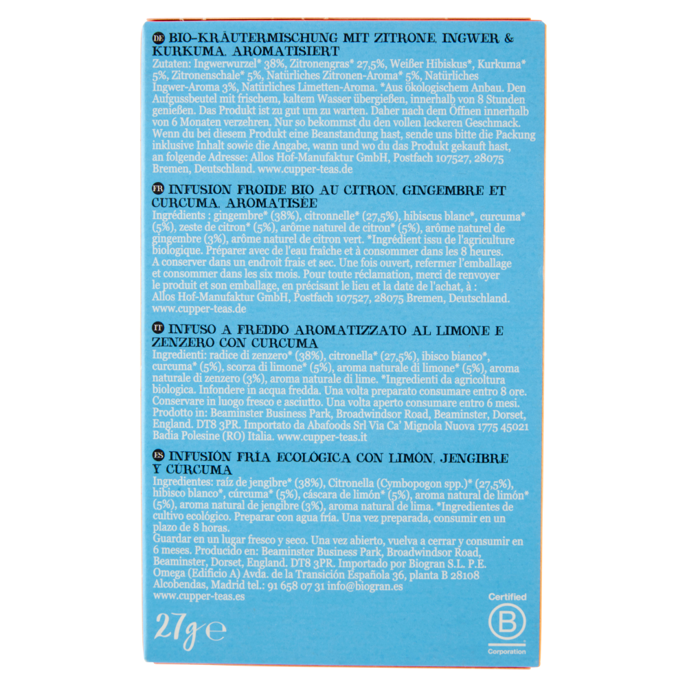 CUPPER Infuso a freddo Biologico di Limone, Zenzero e Curcuma 10 bustine