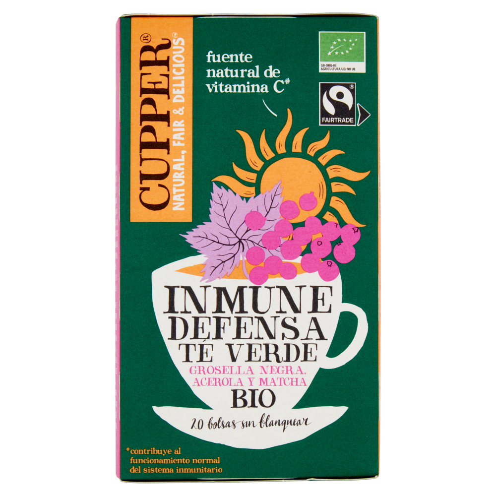 CUPPER Tè Verde Immune Support Biologico Fairtrade con Ribes Nero, Acerola e Matcha, 20 bustine 40 g