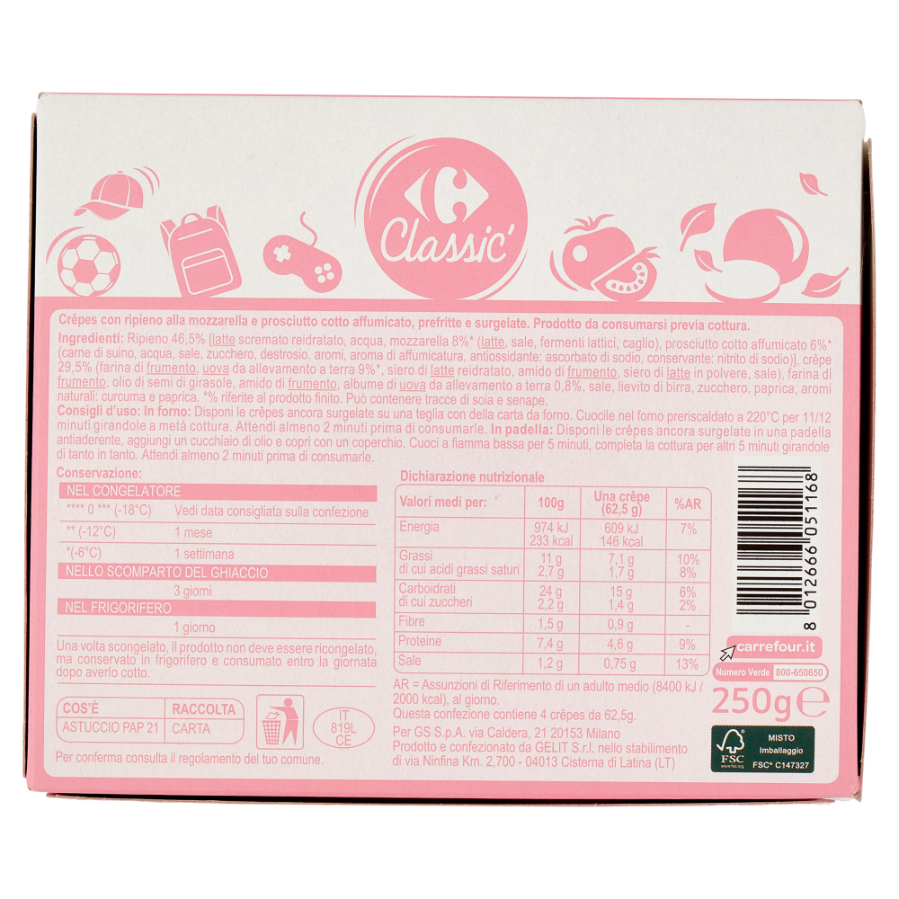 Carrefour Classic Crêpes Mozzarella e Prosciutto Cotto Affumicato 4 x 62,5 g