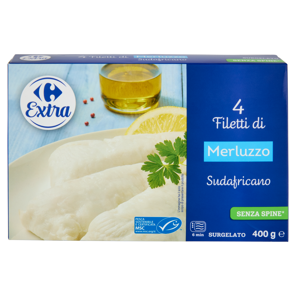 Carrefour Extra 4 Filetti di Merluzzo Sudafricano Senza Spine* Surgelato 400 g