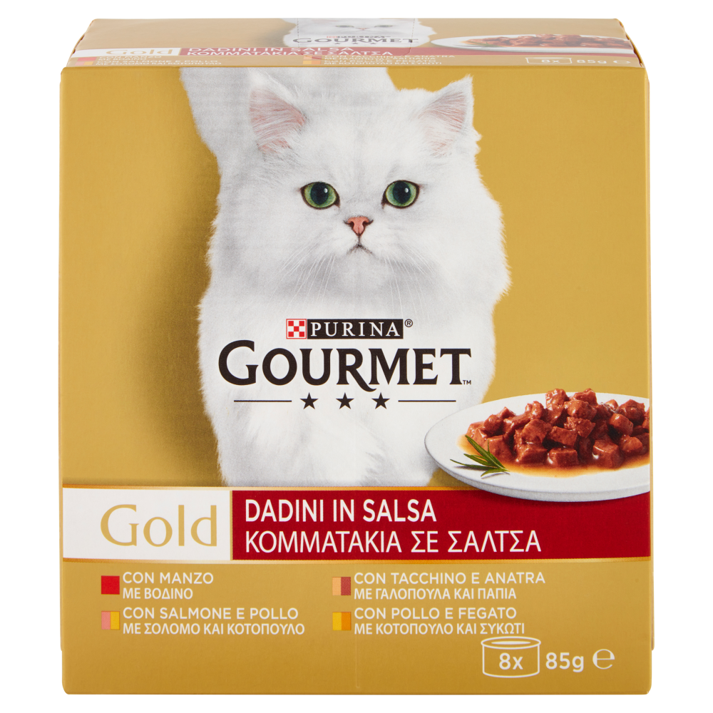 PURINA GOURMET Gold Dadini in Salsa Manzo/Salmone & Pollo/Tacchino & Anatra/Pollo & Fegato 8 x 85 g