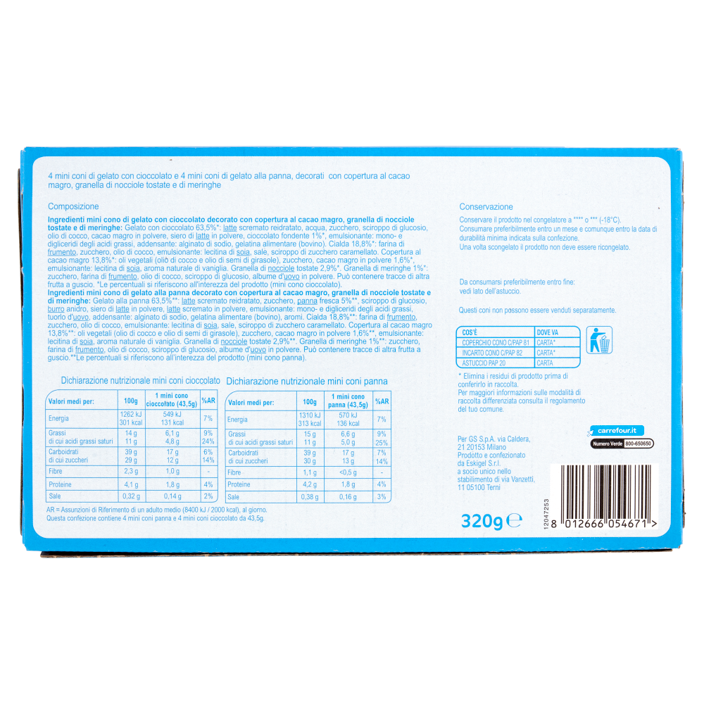 Carrefour Classic Mini Coni Panna* e Cioccolato 8 x 43,5 g