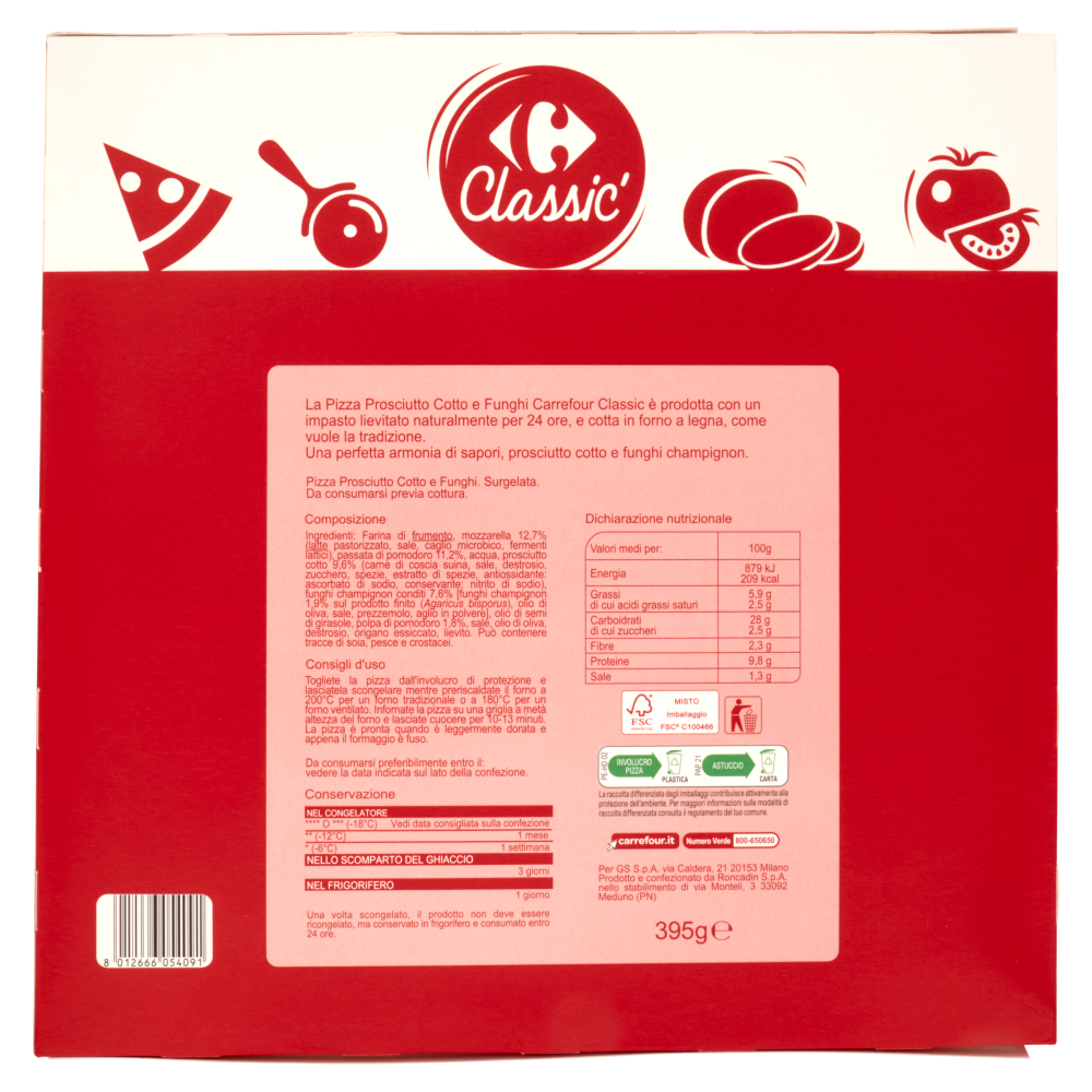 Carrefour Classic Pizza Prosciutto Cotto e Funghi Surgelata 395 g