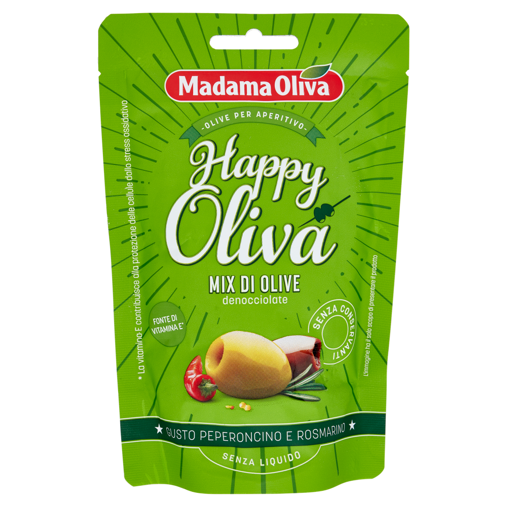 Madama Oliva Happy Oliva  Mix di Olive denocciolate Gusto Peperoncino e Rosmarino 80 g