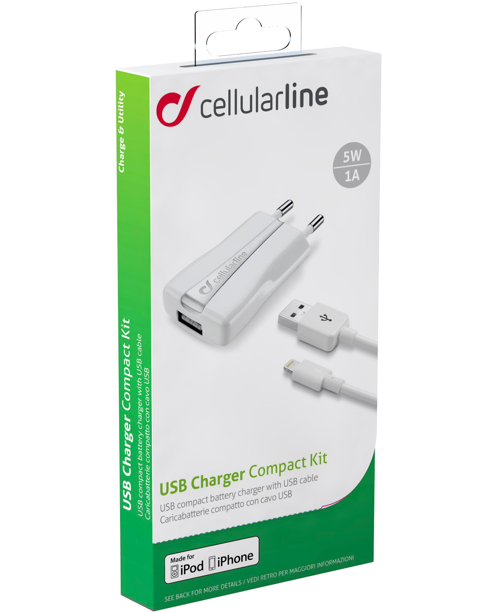 Cellularline USB Charger Kit 5W - Lightning - iPhone and iPod Caricabatterie da rete 5W con cavo Lightning
