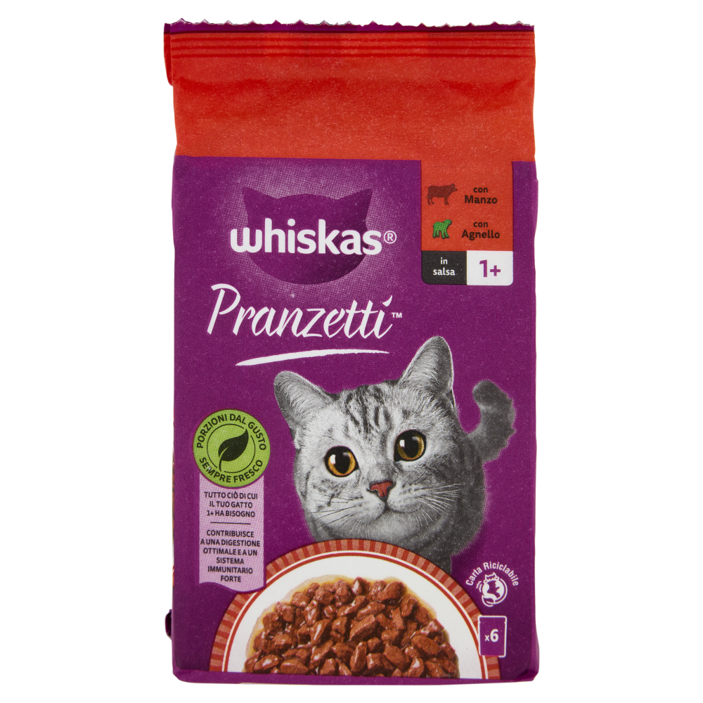 Whiskas Pranzetti Cibo Umido Gatto con Manzo e Agnello in Salsa 6x50g