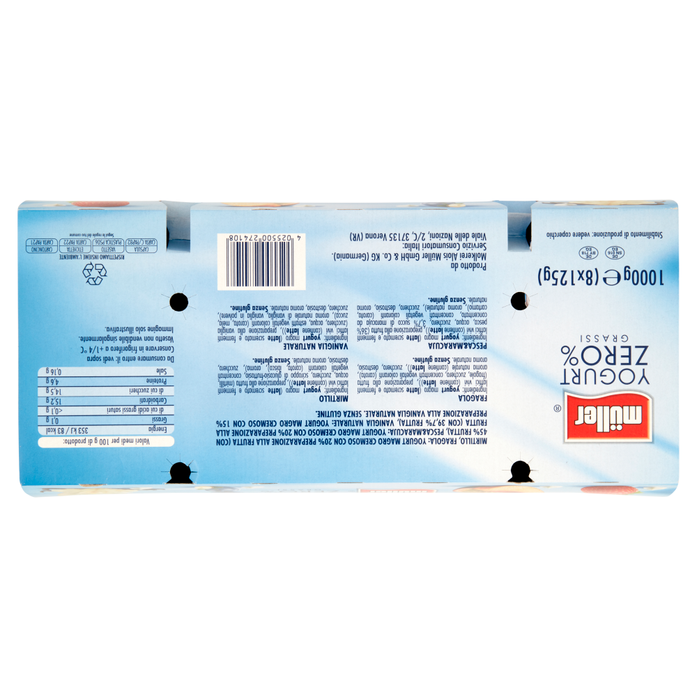 müller Yogurt Zero% Grassi Fragola, Pesca&Maracuja, Mirtillo in Pezzi - Vaniglia Naturale 8 x 125 g