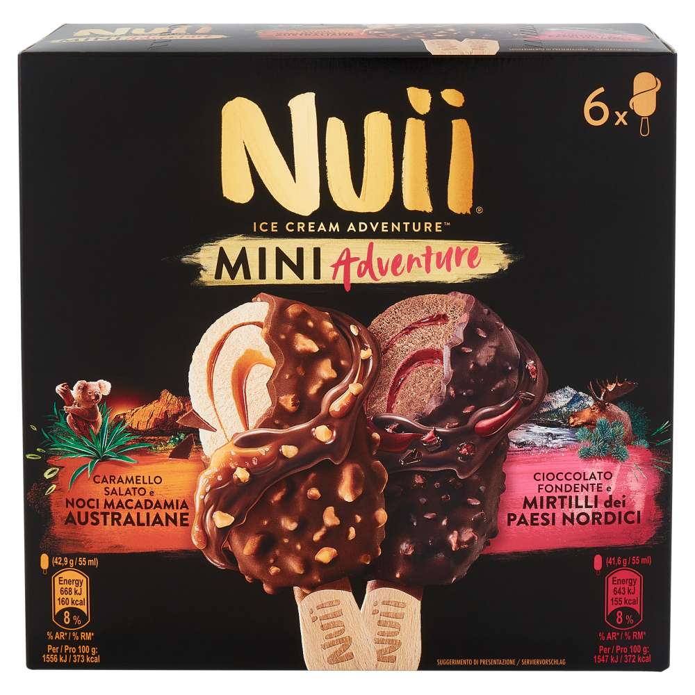 NUII Mini Adventure Caramello Salato e Noci Macadamia e Cioccolato Fondente e Mirtilli 6 Gelati 253g