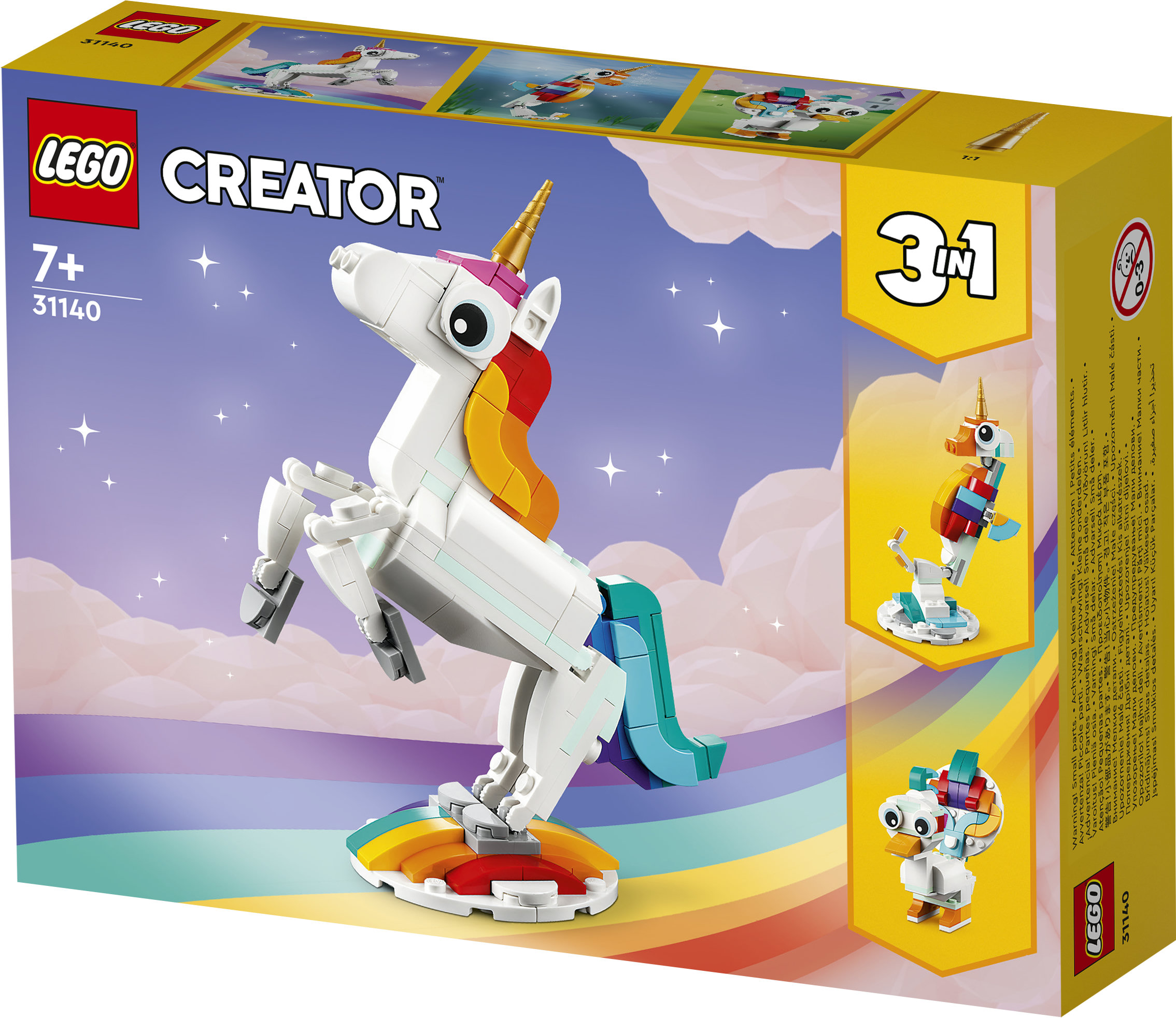 LEGO Creator 31140 Unicorno Magico con Arcobaleno, Set 3 in 1 con Animali Giocattolo Fantastici, Cavalluccio Marino e Pavone