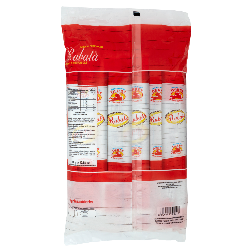 Grissinificio Linea Derby Rubatà Grissini Porzionati con Olio di Girasole Ristorante 300 g