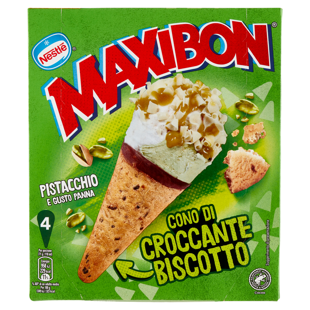 NESTL&Eacute; Maxibon Cono di Croccante Biscotto Pistacchio e Gusto Panna 4 x 71 g