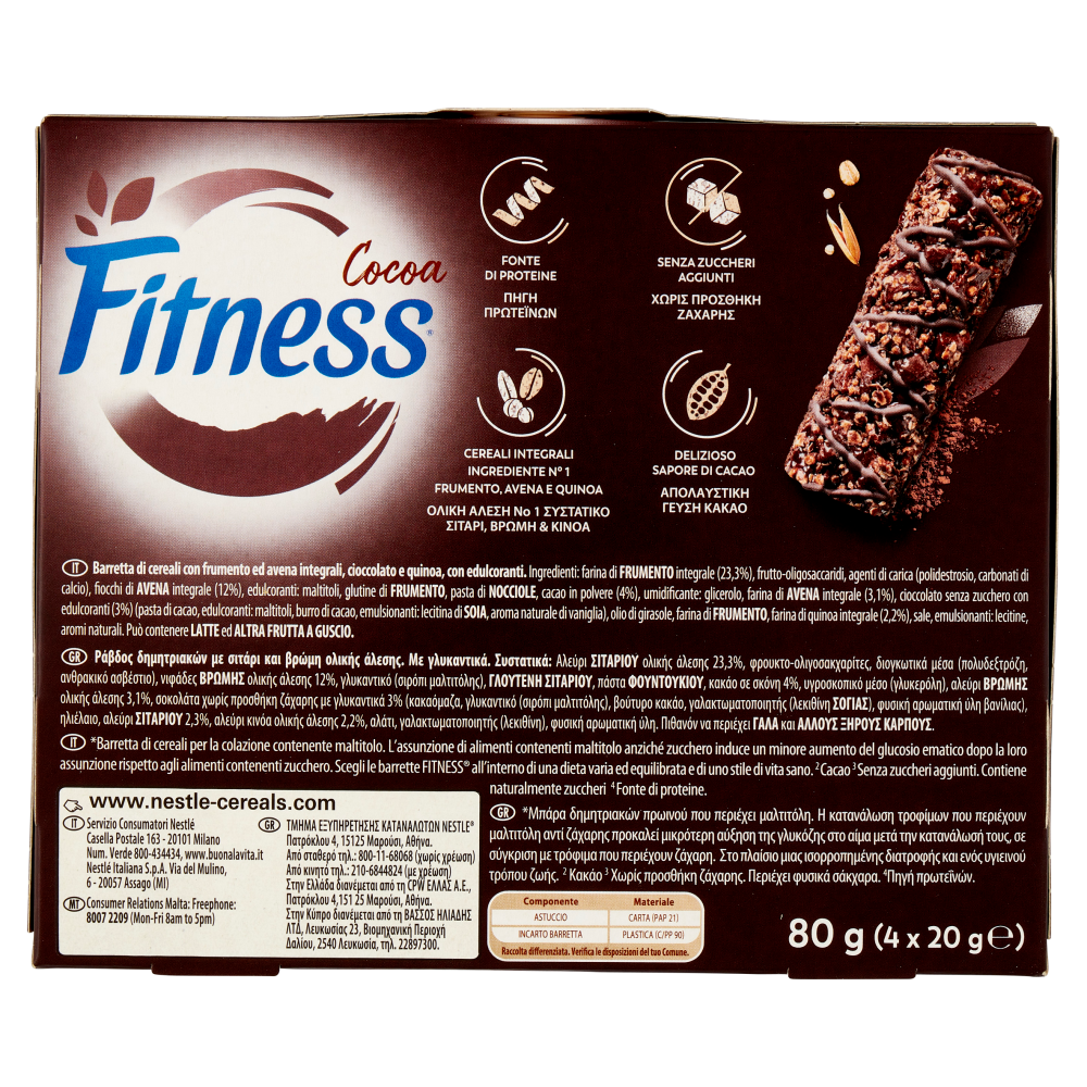 FITNESS Protein Cocoa Barrette di Cereali al Cacao 4 pezzi da 20 g