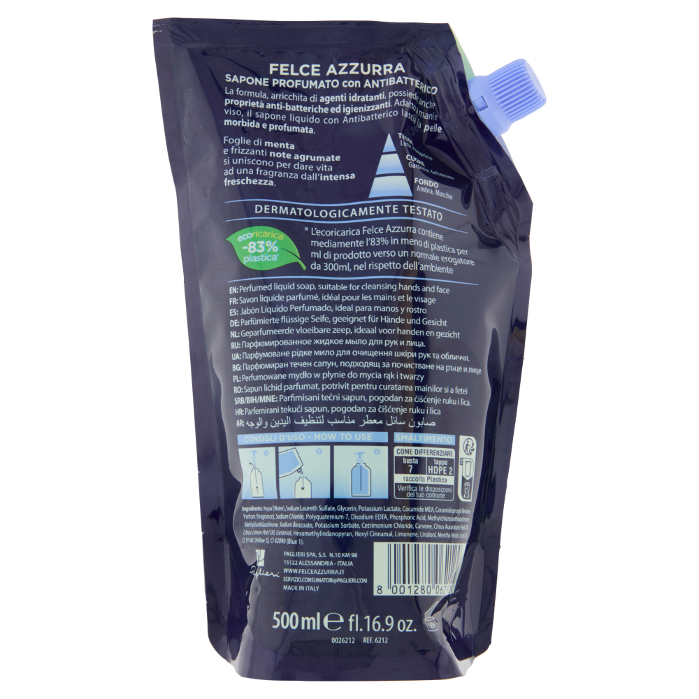 Felce Azzurra con Antibatterico menta e lime Sapone Profumato Refill 500 ml