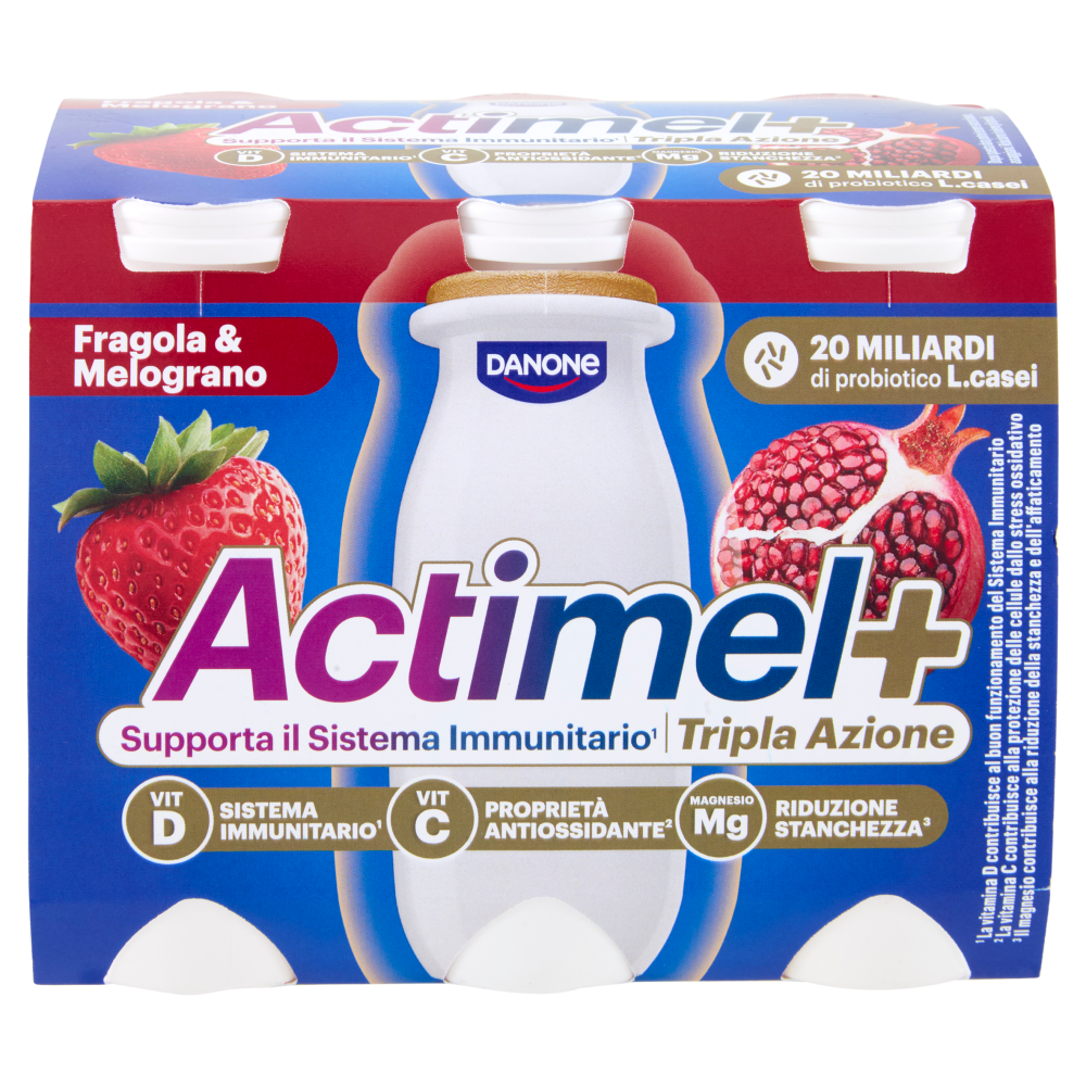 ACTIMEL Tripla Azione, Yogurt da Bere con Vit D e C e Magnesio, gusto Fragola&Melograno,6x100g