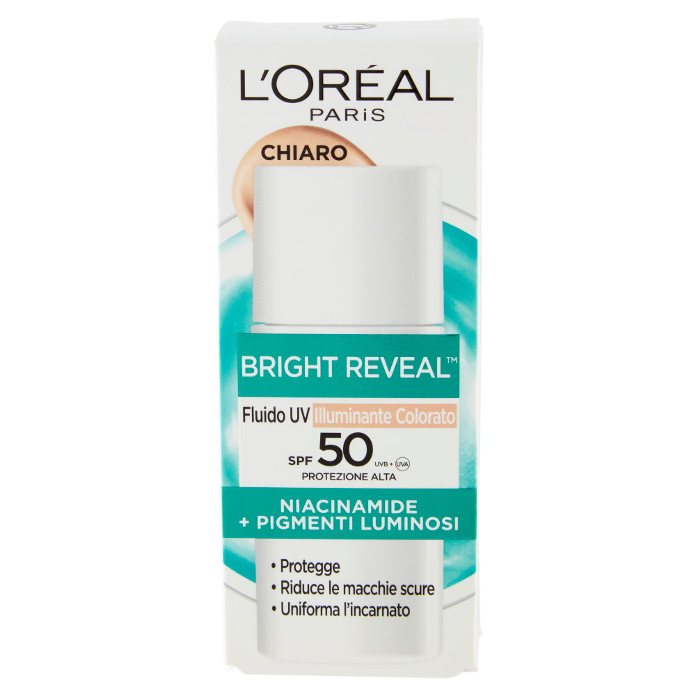 L'Oréal Paris Bright Reveal Fluido UV Illuminante Colorato SPF50 Chiaro, 50 ml