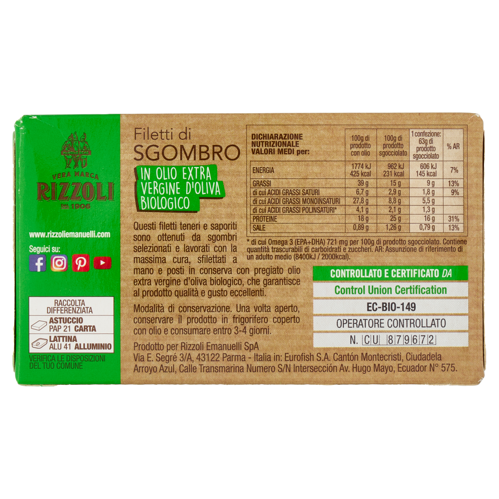 Rizzoli Filetti di Sgombro in Olio Extra Vergine d'Oliva Biologico 90 g