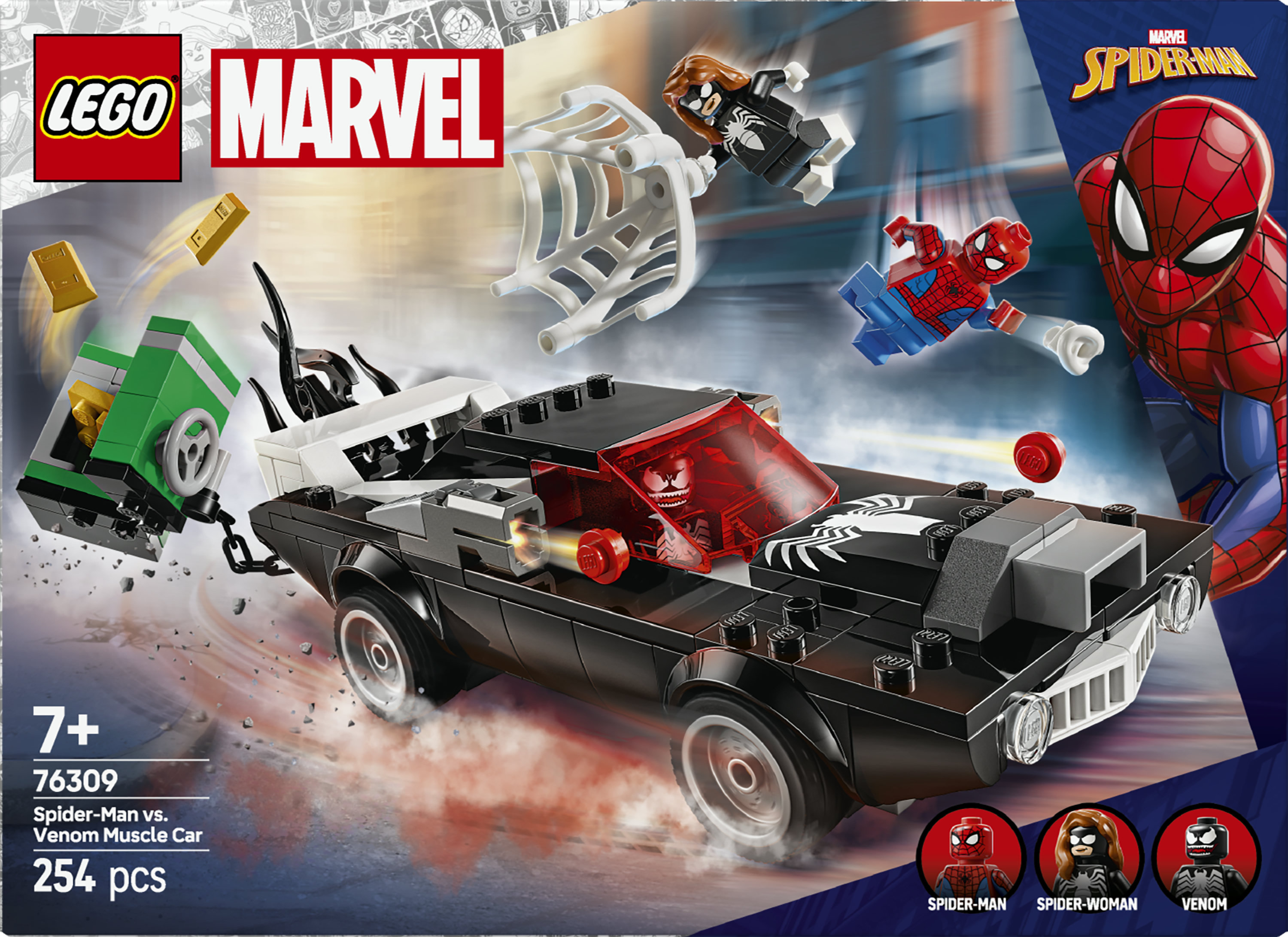 LEGO | Marvel 76309 Spider-Man Contro Muscle Car di Venom, Macchina Giocattolo da Costruire con 3 Minifigure per Bambini 7+