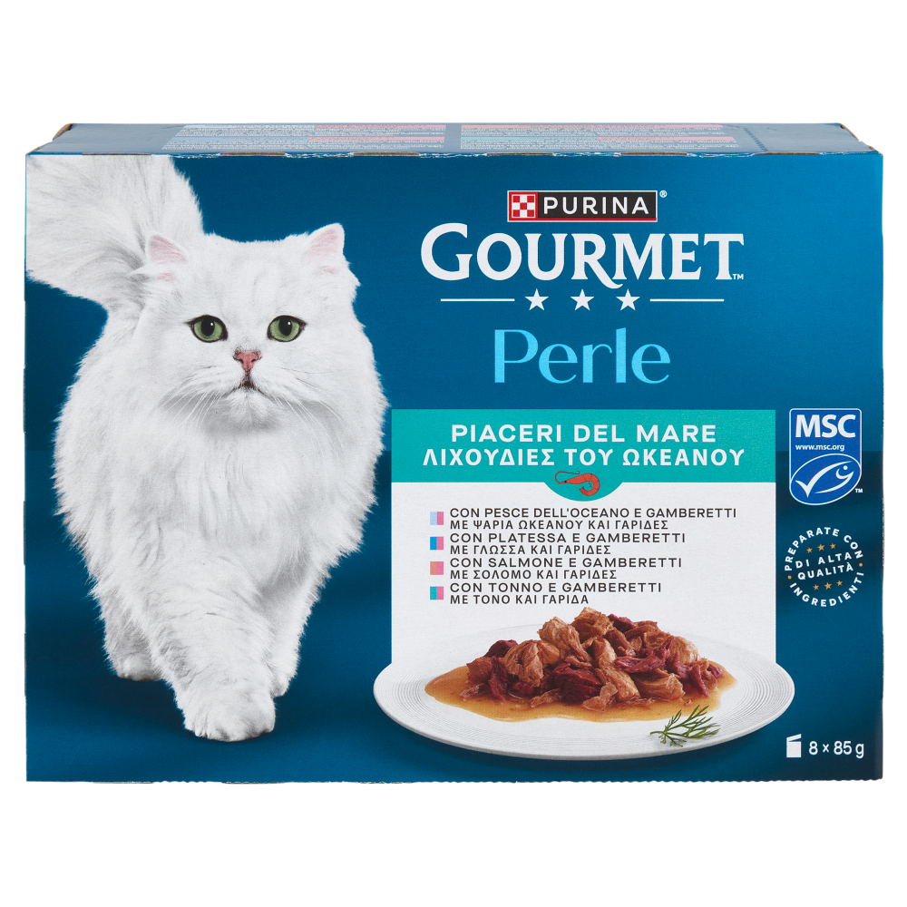 PURINA GOURMET Perle Piaceri del Mare Pesce dell'Oceano, Platessa, Salmone, Tonno 8x85g