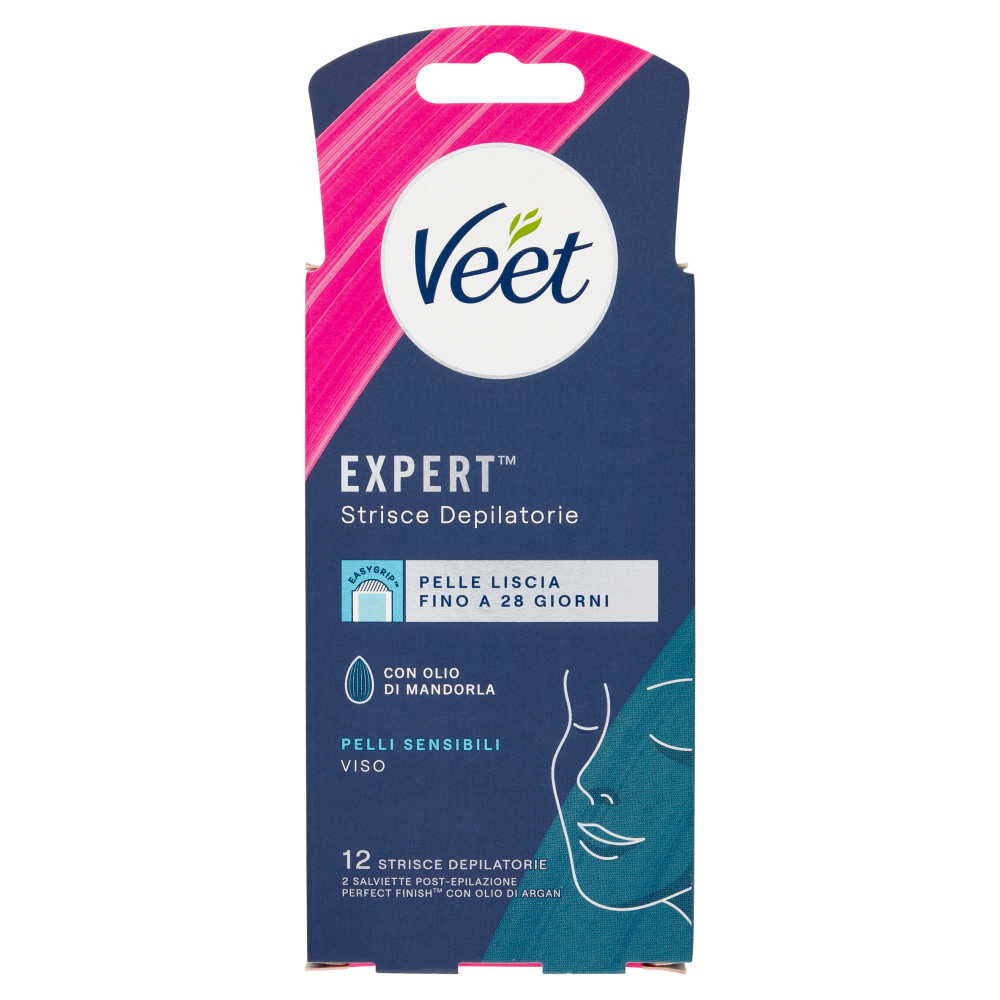 Veet Expert Strisce Viso Pelli Sensibili, 12 strisce