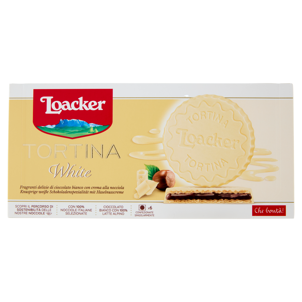 Loacker Tortina White Wafer ricoperto di Cioccolato Bianco con crema Nocciole 100% Italiane 21gx6