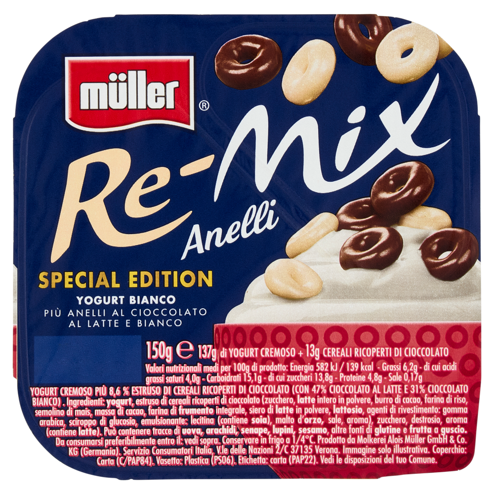 müller Re-Mix Anelli Yogurt Bianco Più Anelli al Cioccolato Latte e Bianco 150 g