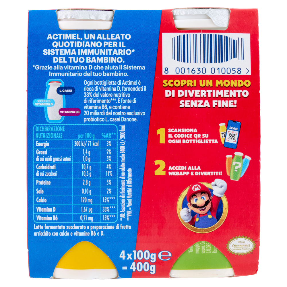 ACTIMEL SuperMario, Yogurt da Bere con Vit B6 e D per il Sistema Immunitario, gusto fragola, 4X100G