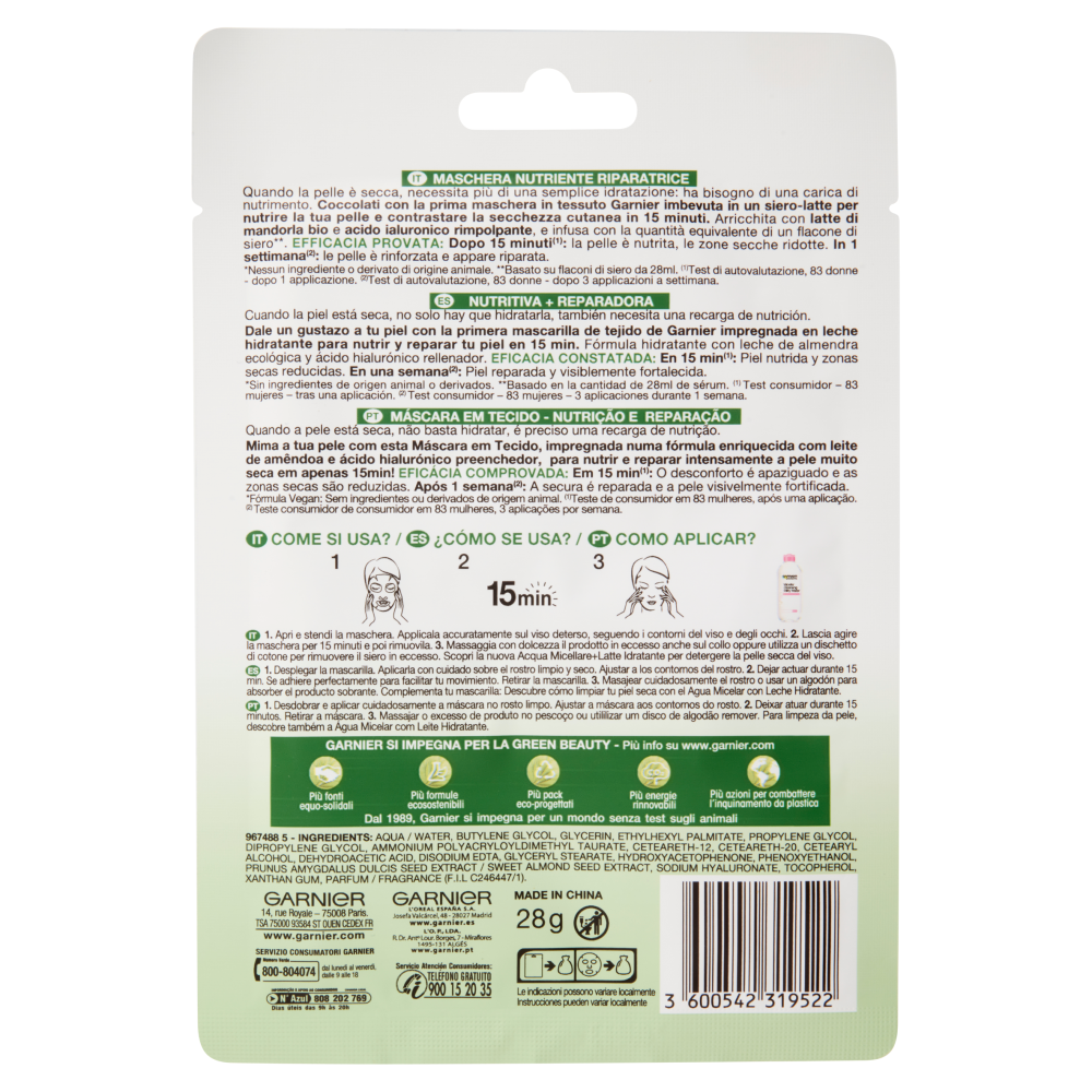 Garnier Maschera in Tessuto Nutriente Riparatrice NutriBomb, Pelli Molto Secche, Latte di Mandorla