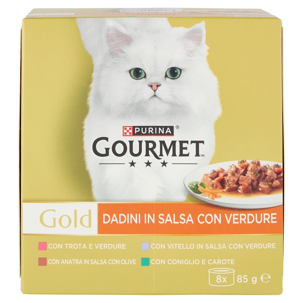 PURINA GOURMET Gold Dadini in Salsa con Verdure Trota, Anatra, Vitello, Coniglio 8x85g