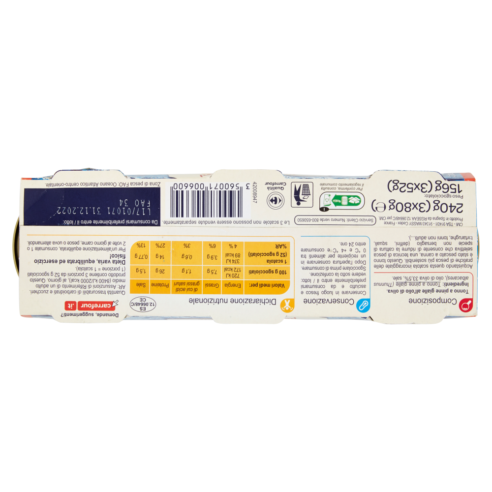 Carrefour Tonno a Pinne Gialle all'Olio di Oliva pescato a canna 3 x 80 g